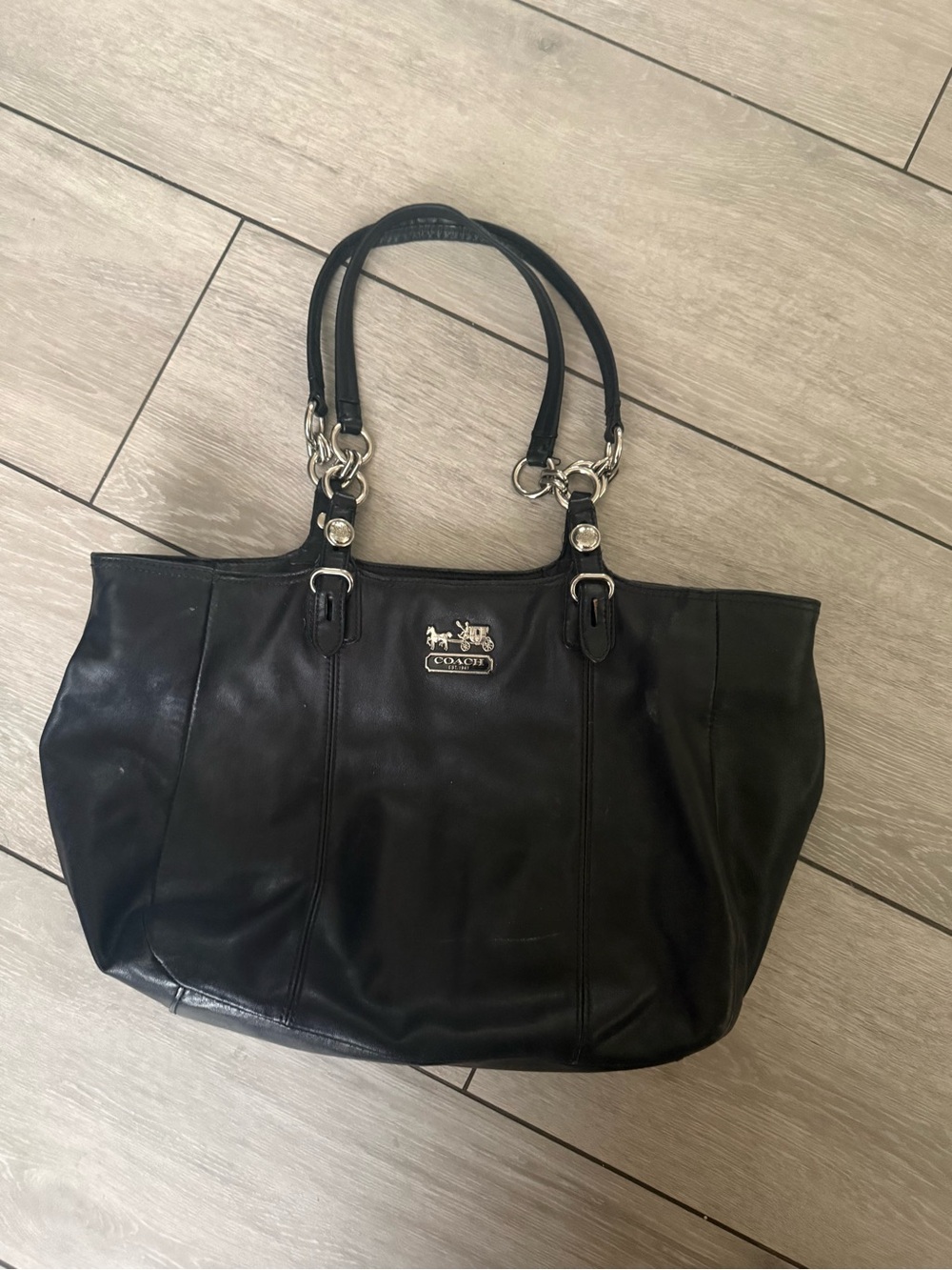 Coach Black Leather Tote with Silver-Tone Logo